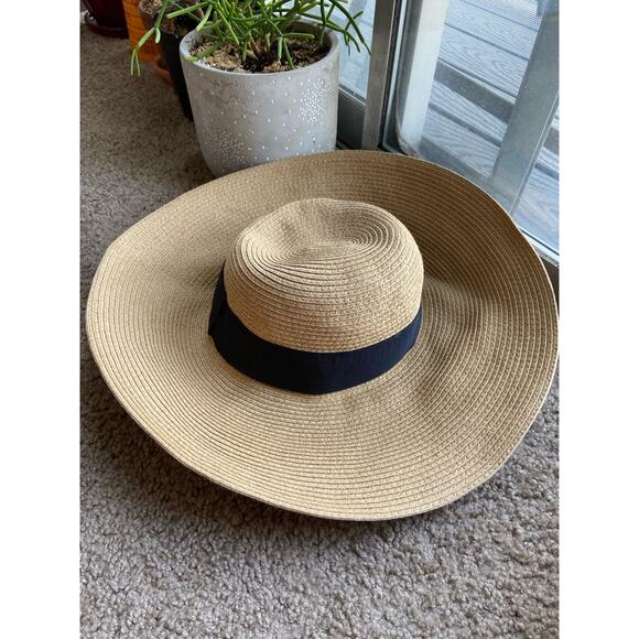 Nordstrom Sun Hat Floppy Straw Woven Round Black Lace OS